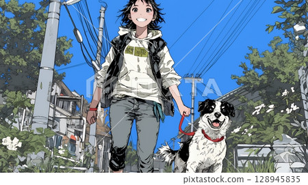 Young woman walking with her dog 128945835