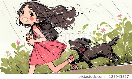 一個女孩和她的狗一起散步(蠟筆+水彩風格) 一個女孩和她的狗一起散步(蠟筆+水彩風格) 128945837