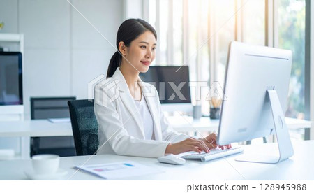 在電腦上工作的女性辦公室職員 128945988