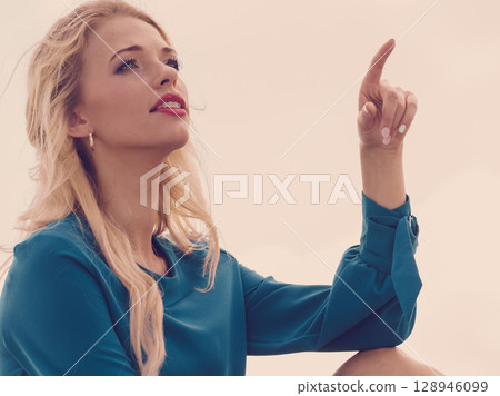 Fashion model wearing blue navy shirt Fashion model wearing blue navy shirt 128946099