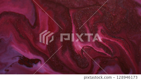 Spatter texture. Spreading ink particles. Defocused red blue color wet shiny bright liquid splash on vibrant acrylic art background. 128946173