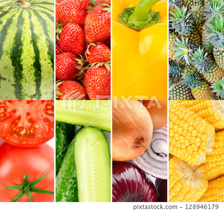 vegetables and fruits background. Collage. 128946179