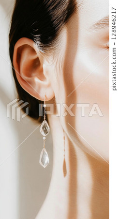 Closeup of womans face with crystal earring, light play on skin Closeup of womans face with crystal earring, light play on skin 128946217