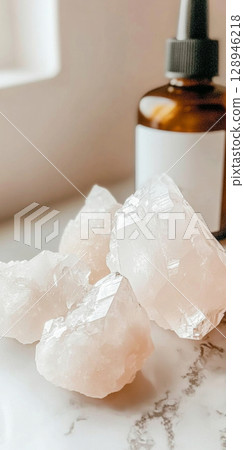 Pink quartz crystals on windowsill with cosmetics bottle, minimalist style Pink quartz crystals on windowsill with cosmetics bottle, minimalist style 128946218