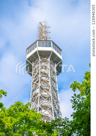 Petrin Lookout Tower rises above the lush greenery in Prague, offering stunning views of the city. Visitors can enjoy the intricate architecture while exploring the serene environment. Petrin Lookout Tower rises above the lush greenery in Prague, offering stunning views of the city. Visitors can enjoy the intricate architecture while exploring the serene environment. 128946305
