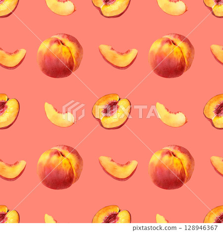 Watercolor pattern with half peach without pit, peach slices, a ripe peachon a pink background 128946367