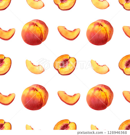 Watercolor pattern with half peach without pit, peach slices, a ripe peachon a white background 128946368