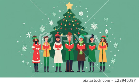 Traditional Christmas carol choir performing in cozy holiday winter setting 128946387