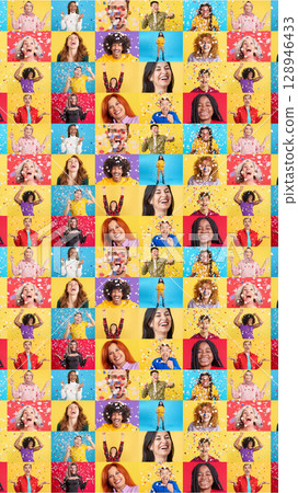 Infinite mosaic of multiethnic people celebrating with confetti 128946433