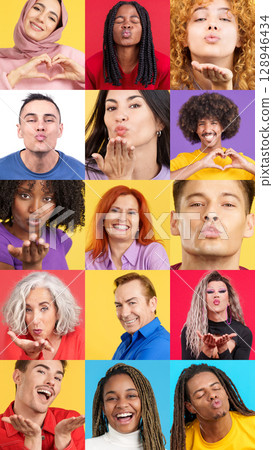 Mosaic of multiethnic people blowing a kiss Mosaic of multiethnic people blowing a kiss 128946434