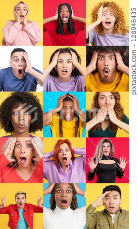 Mosaic of multiethnic people with surprised expression Mosaic of multiethnic people with surprised expression 128946435