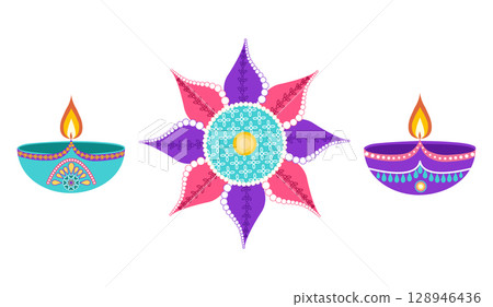Festive Diwali celebration set with rangoli, diyas in flat style. Deepavali vector illustration for banners, posters and social media 128946436