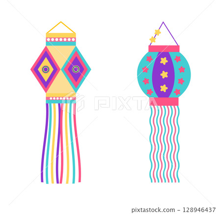 Festive Diwali illustration pack featuring lanterns in flat style. Deepavali vector illustration for banners, social media, cards 128946437