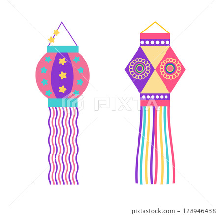 Diwali themed set with lamps, lanterns in flat style. Deepavali vector illustration for banners, posters and social media graphics 128946438