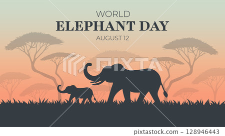 World Elephant Day Poster with Silhouettes in African Savannah Vector. 128946443