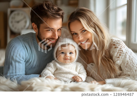 Parents and their adorable baby joyfully smile together while bonding closely in a warm home setting, showing beautiful family love. 128946487