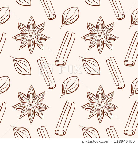 Seamless pattern of star anise with cinnamon stick and leaf in line art style on beige background. Perfect for spice shop package, culinary recipe book or natural food theme design. 128946499