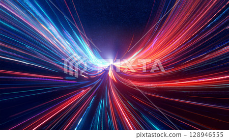 Abstract space tunnel with bright glowing light streaks in blue, red, and orange tones. Dynamic motion perspective giving a sense of speed, travel, and futuristic movement through space. 128946555
