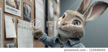 Photorealistic Rabbit Office Manager Pointing at Bulletin Board 128946600