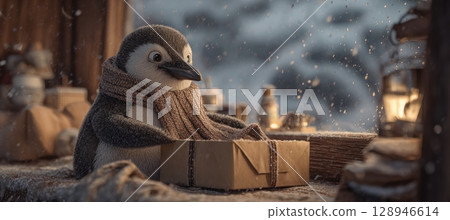 Penguin Unboxes Birthday Gift Scarf in Cozy Igloo with Snowfall Penguin Unboxes Birthday Gift Scarf in Cozy Igloo with Snowfall 128946614