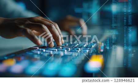 First-Person View of Hands Inputting Data into Accounting Software Interface 128946621