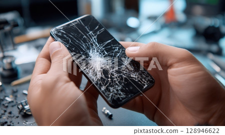 First-Person View of Hands Examining Cracked Smartphone Screen for Repair 128946622