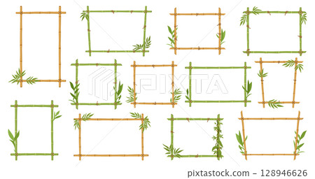 Cartoon bamboo frames. Wooden planks exotic signs, jungle borders with bamboo sticks and leaves flat vector illustration set. Bamboo frames on white 128946626