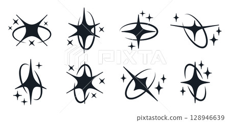 Shiny stars with oval frames. Doodle Y2K magical ellipse shapes with stars and twinkles, shimmering sparks elements flat vector illustration set. Retro glittering y2k stars collection Shiny stars with oval frames. Doodle Y2K magical ellipse shapes with stars and twinkles, shimmering sparks elements flat vector illustration set. Retro glittering y2k stars collection 128946639