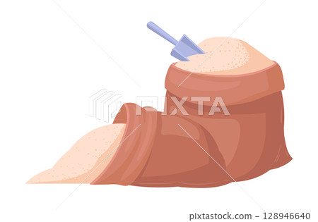 Sugar package. Sweet sugar powder textile bags, sugarcane product sackcloth bags flat vector illustration. Sugarcane production bags on white Sugar package. Sweet sugar powder textile bags, sugarcane product sackcloth bags flat vector illustration. Sugarcane production bags on white 128946640
