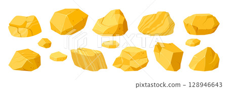 Yellow golden nuggets. Gold shiny stones, jewel cobblestone nuggets flat vector illustration set. Cartoon golden treasure rocks on white 128946643
