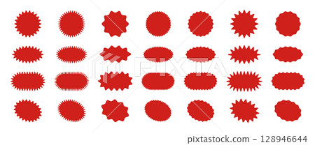 Zigzag edges sunburst stickers. Discount offer price labels, sunburst sharp tags flat vector illustration set. Sunburst shape labels silhouettes Zigzag edges sunburst stickers. Discount offer price labels, sunburst sharp tags flat vector illustration set. Sunburst shape labels silhouettes 128946644