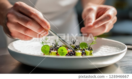 Chef's Hands Plating Gourmet Dish with Tweezers on White Ceramic Plate 128946667