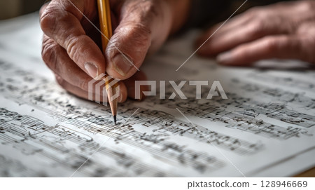 First-Person View of Hands Composing Music on Staff Paper with Pencil 128946669