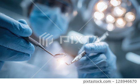 First-person View of Dentist Examining Teeth with Mirror and Probe 128946670