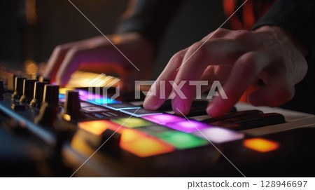 First-Person View of Hands on Synthesizer Pad with Colorful LED Feedback First-Person View of Hands on Synthesizer Pad with Colorful LED Feedback 128946697