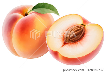 watercolor illustration of isolated peaches with leaves 128946732