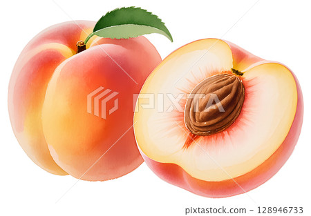 watercolor illustration of isolated peaches with leaves 128946733
