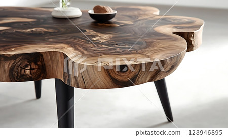 A large wooden coffee table with a bowl and a vase on top of it 128946895
