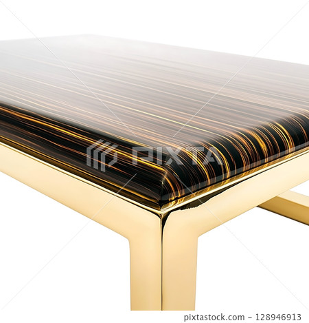 A gold table with a black and brown wood top 128946913