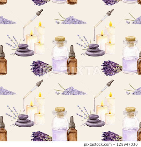 Watercolor seamless pattern with bottles with different essential oil, aroma stones and bouquet with lavender, pipette and candles Watercolor seamless pattern with bottles with different essential oil, aroma stones and bouquet with lavender, pipette and candles 128947030