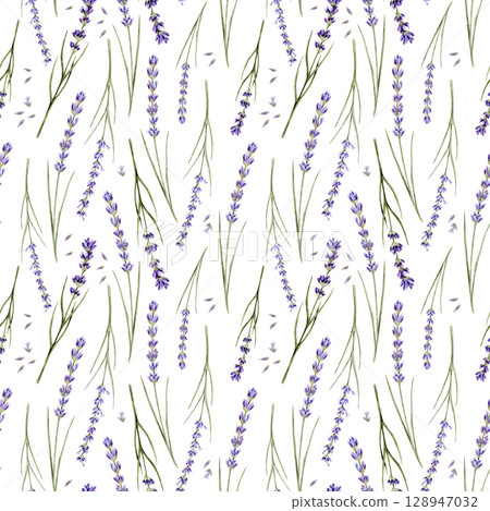 Watercolor seamless pattern with branches of lavender and lavender seeds on a white background 128947032