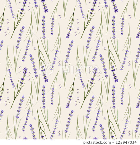Watercolor seamless pattern with bouquets with lavender and lavender seeds on a beige background Watercolor seamless pattern with bouquets with lavender and lavender seeds on a beige background 128947034