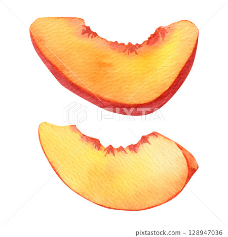 Watercolor peach slices illustration. Fresh, juicy fruit pieces with realistic texture and botanical details Watercolor peach slices illustration. Fresh, juicy fruit pieces with realistic texture and botanical details 128947036