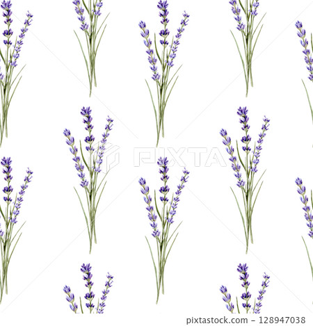 Watercolor seamless pattern with bouquets with lavender on a white background 128947038