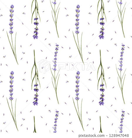 Watercolor seamless pattern with bouquets with lavender and lavender seeds on a white background 128947048