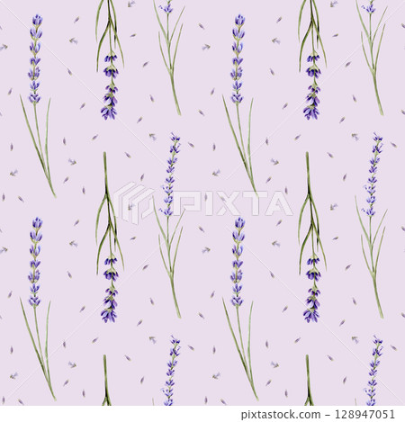 Watercolor seamless pattern with bouquets with lavender and lavender seeds on a purple background Watercolor seamless pattern with bouquets with lavender and lavender seeds on a purple background 128947051