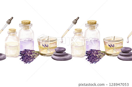 Watercolor seamless border wirh aroma stones, bouquet with lavender, bottles with essential oil, aroma candle 128947053