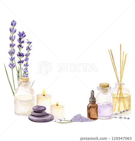 Watercolor hand drawn fame with aroma diffuser with essential oil, candle, stones and bottle with aroma oil and lavender 128947063