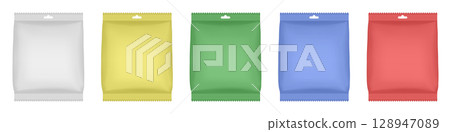 Set of white, yellow, green, blue and red flow packs. Candies or snacks Set of white, yellow, green, blue and red flow packs. Candies or snacks 128947089