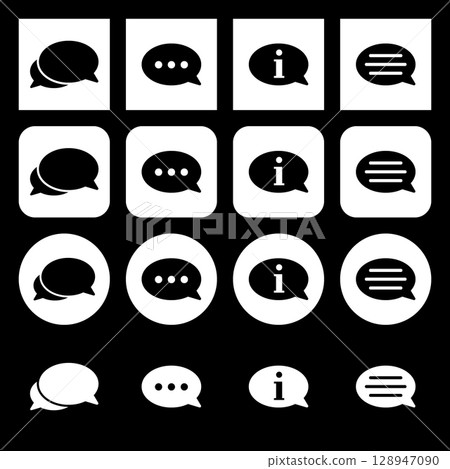 Set of speech bubble icons.  Live chat or support, info. Set of white round and square icons 128947090